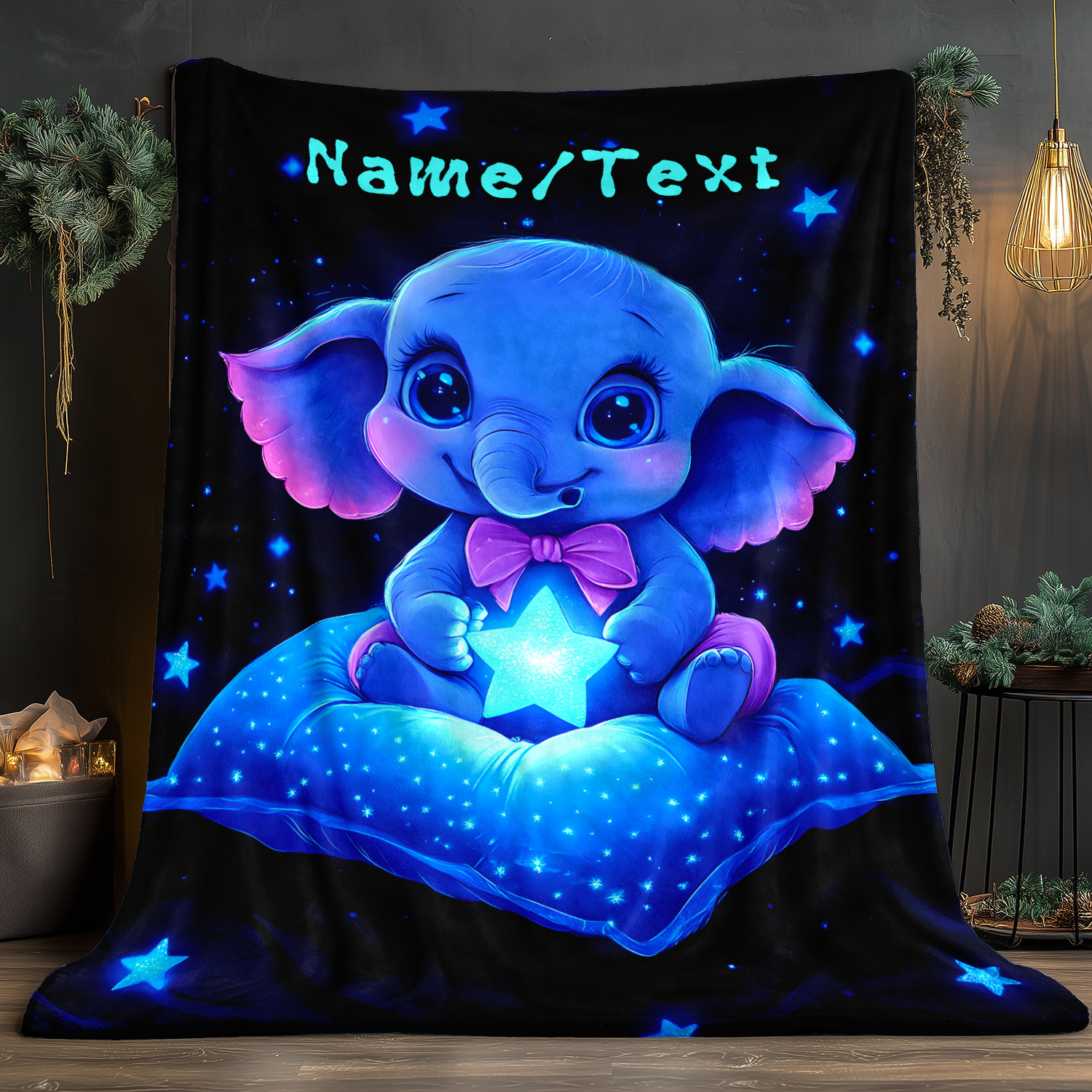 Custom Night Sky - Personalized Cute Blue Elephant Blanket Star