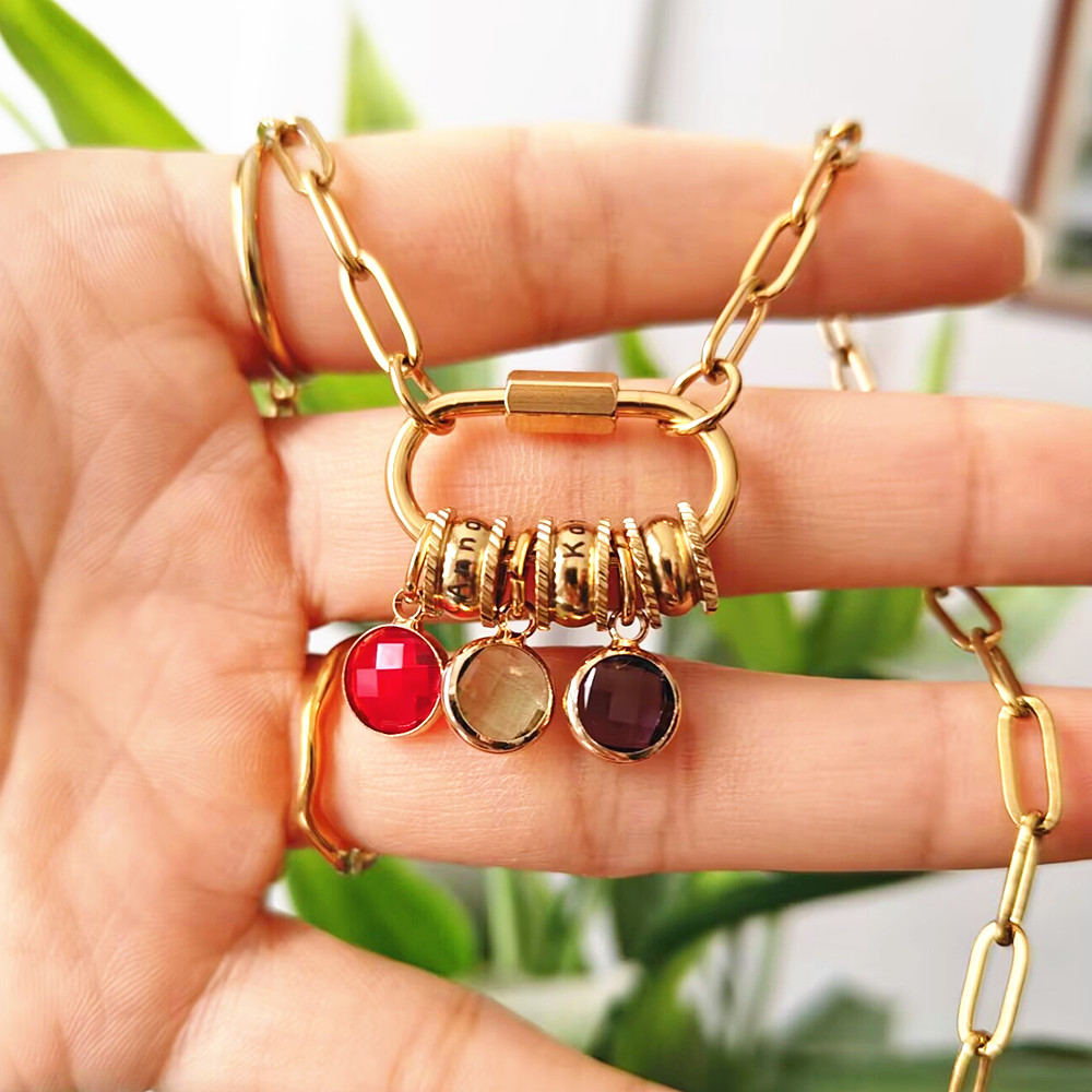 Birth Flower Necklace - Custom Carabiner Name Charm Necklace Stainless