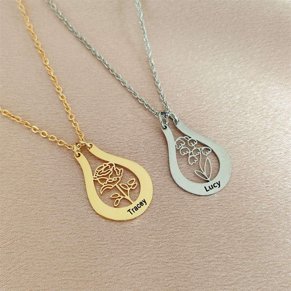 Engraved Name Birth Flower Nec - Birth Flower Necklace 评论和价格